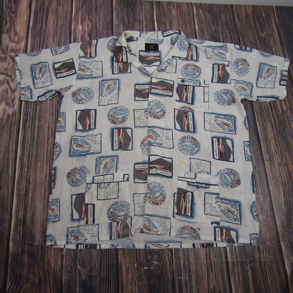 Club Royal Mens Size XL Beige Fish Print Button‎ Up Shirt Casual Short Sleeve